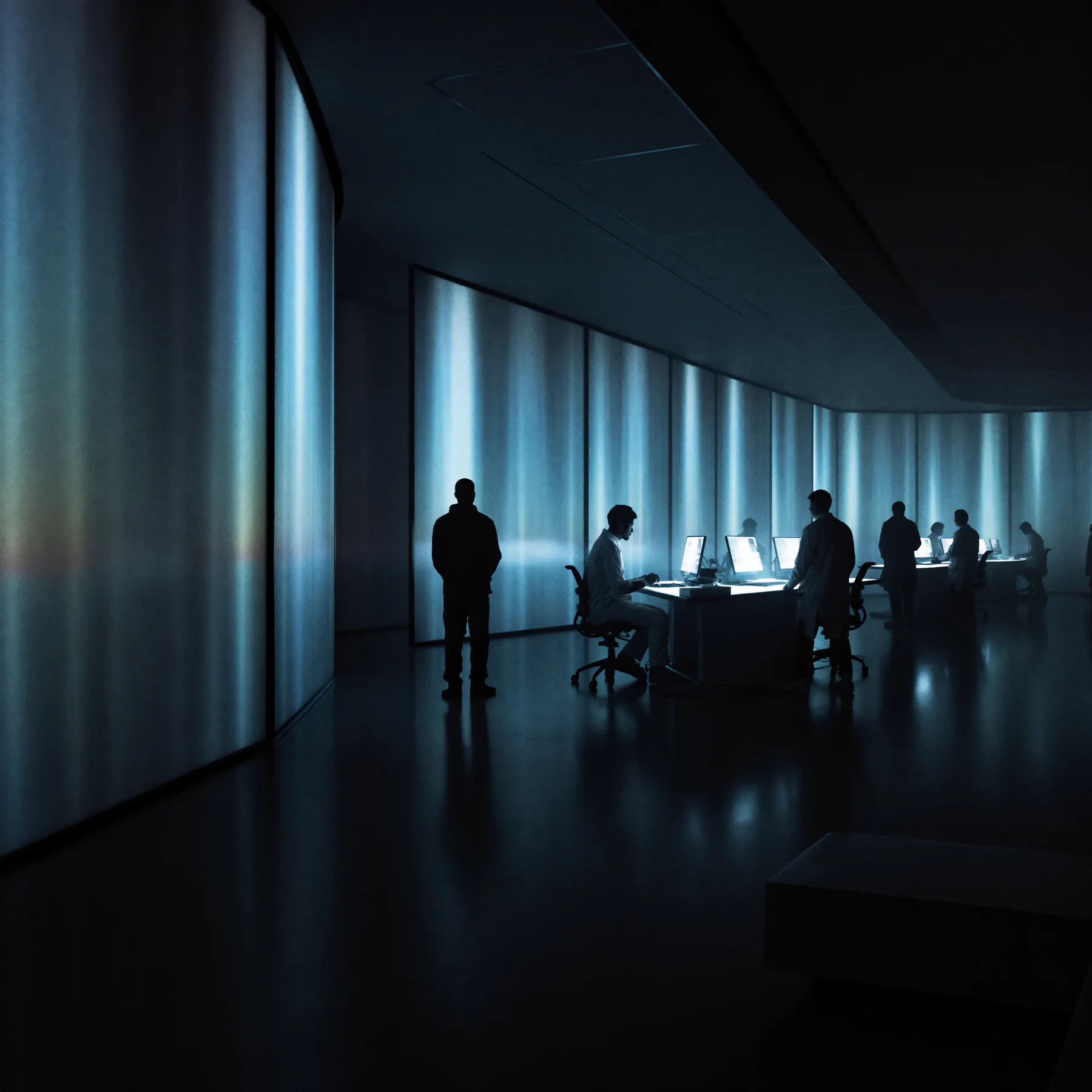Engineers working at night in the lab